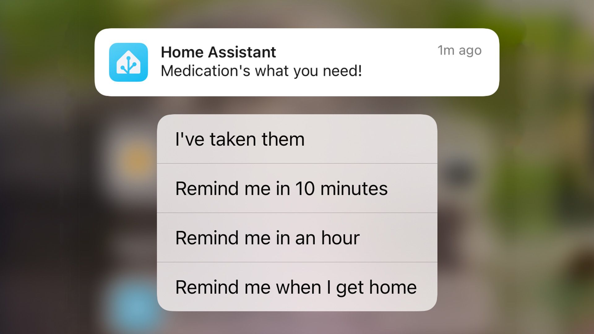 An actionable notification from Home Assistant on an iPhone with four available actions to select.