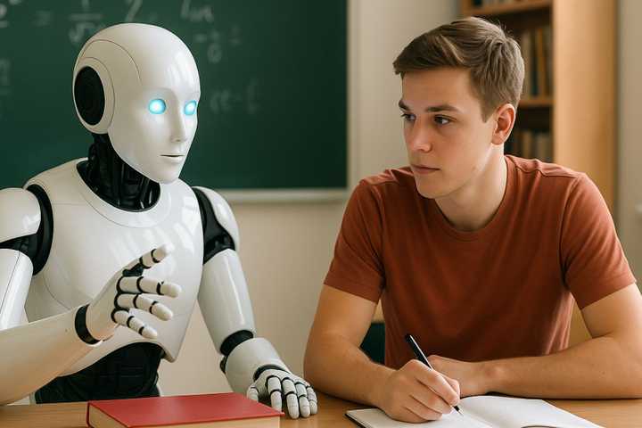 An AI-generated image of a robot helping a student with homework.