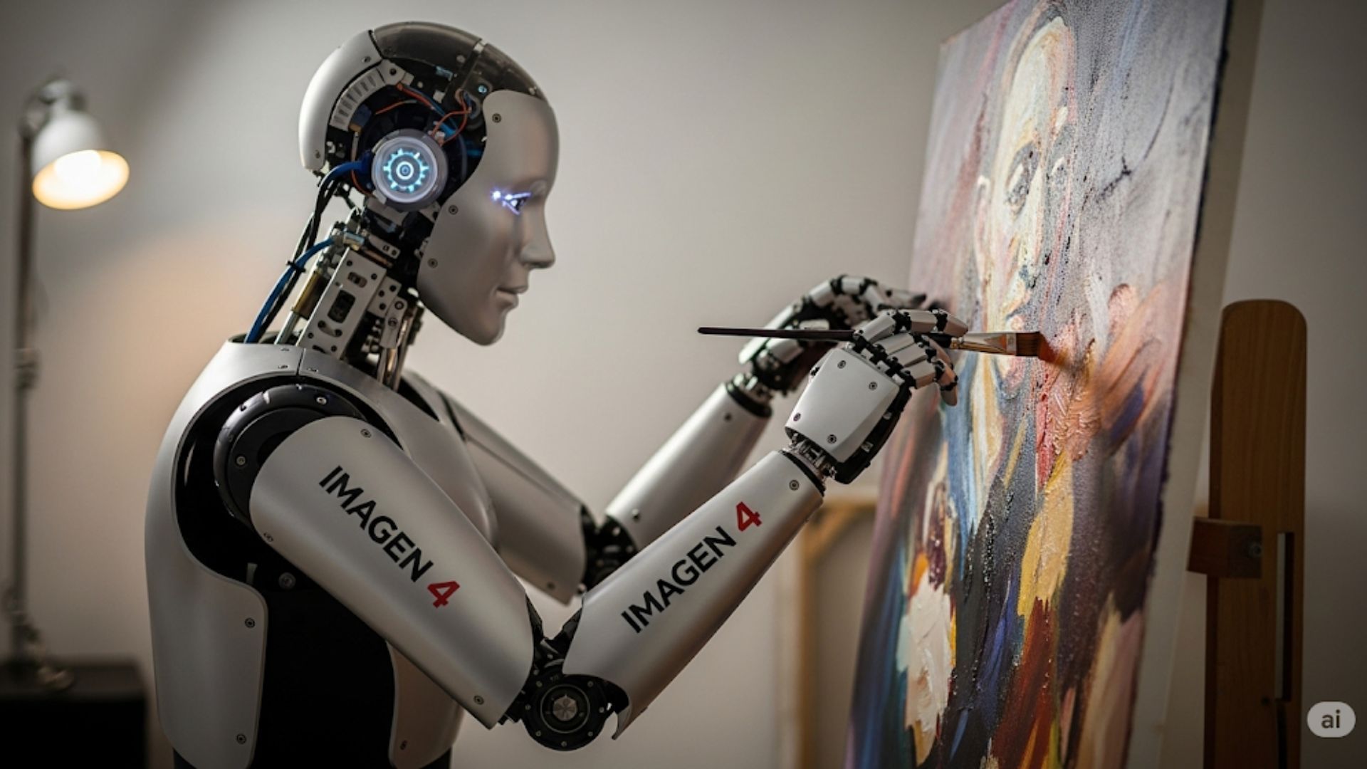 An AI-generated image of a robot with the words Imagen 4 written on it painting an oil painting.