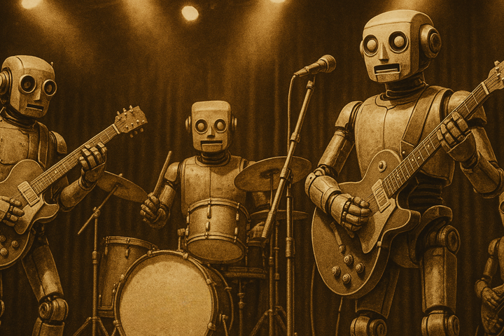 An AI-generated image of robots playing music on stage.