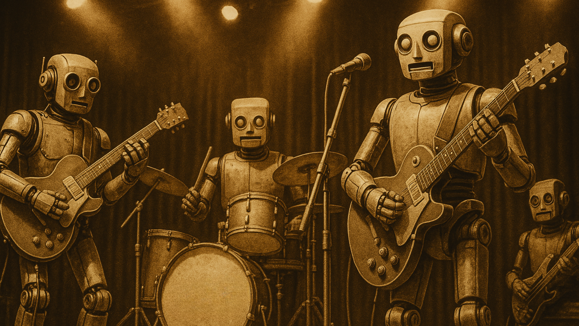 An AI-generated image of robots playing music on stage.