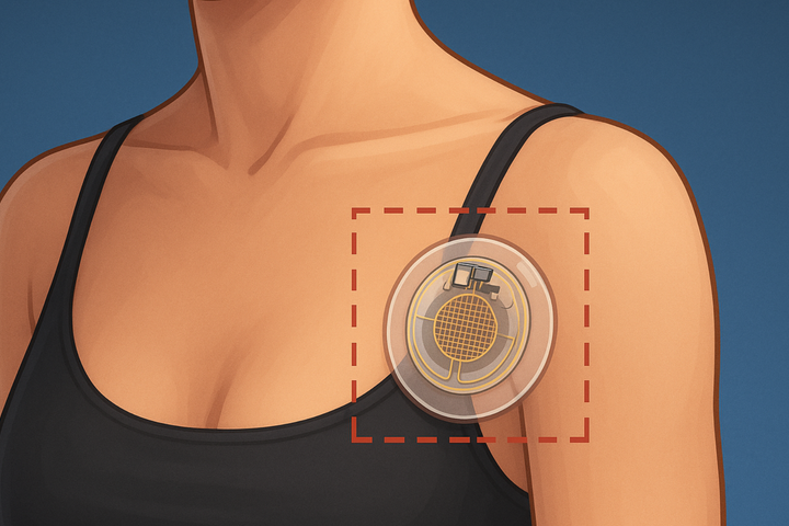 An AI-generated interpretation of what a biopatch might look like attached to a patient's chest.