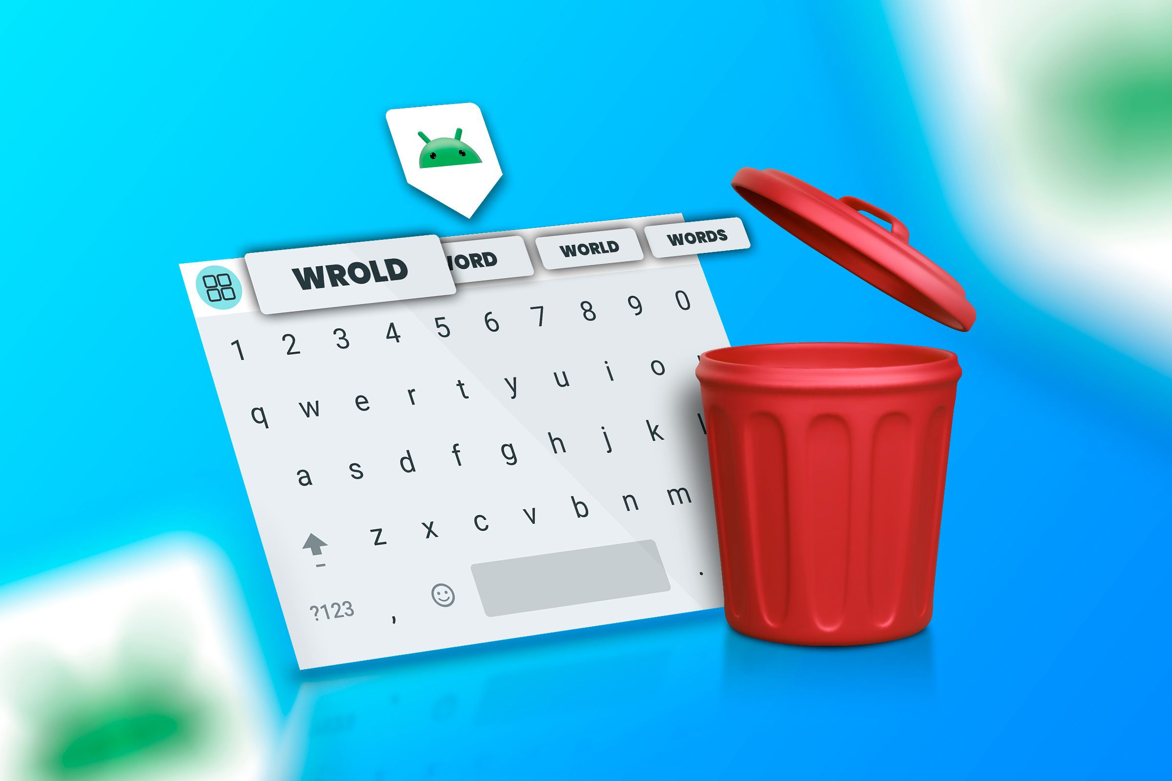 An Android keyboard with some word suggestions and a trash bin next to it.