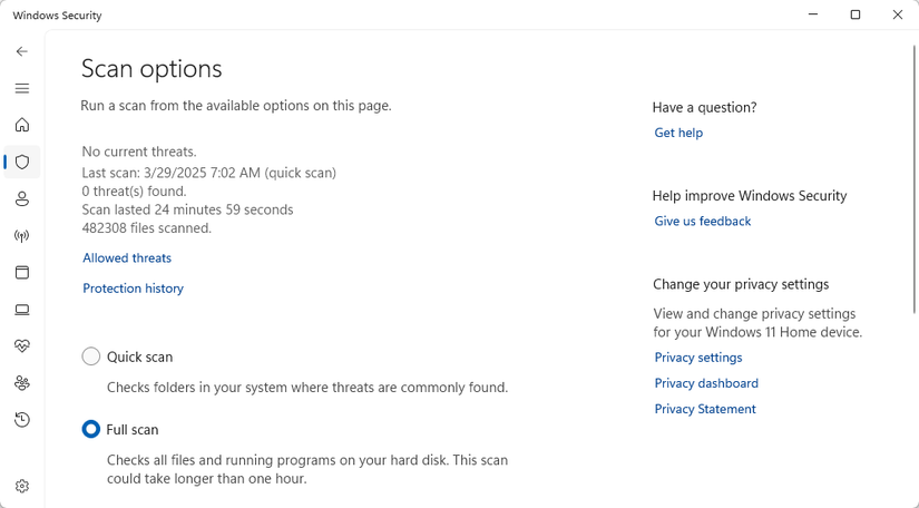 The antivirus scan options present in Windows Security.