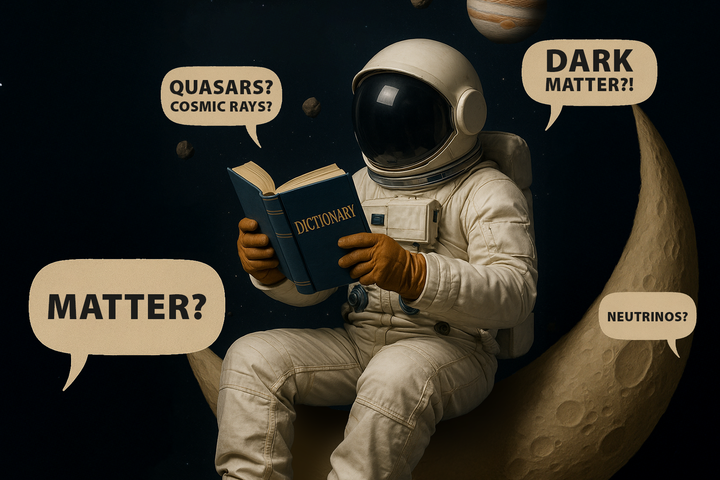 An astronaut sitting on a waning moon while reading a dictionary, with some confusing words floating around.