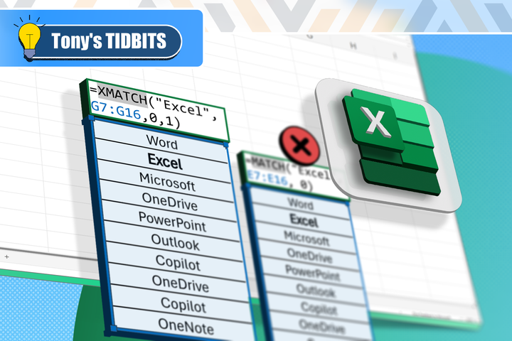 An Excel spreadsheet comparing the XMATCH and MATCH functions, with the Excel logo on the right.