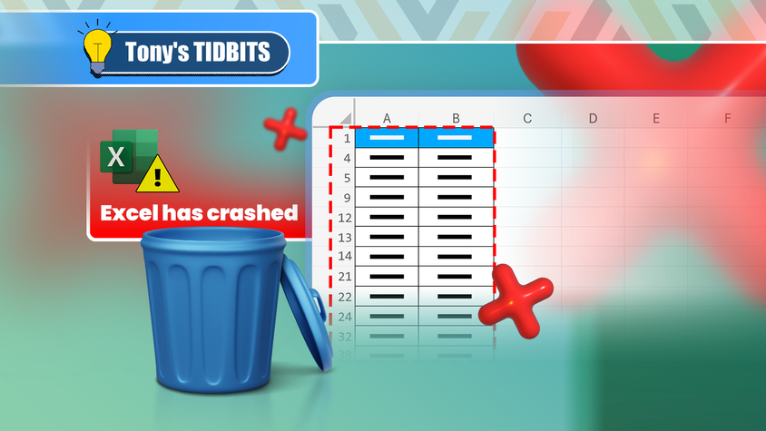 An Excel spreadsheet with rows selected for deletion, a trash can beside it, and an alert showing that Excel has crashed.