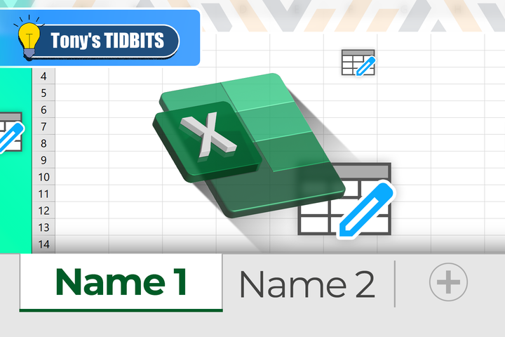 An Excel spreadsheet with the worksheet names highlighted and the Excel logo in the center.