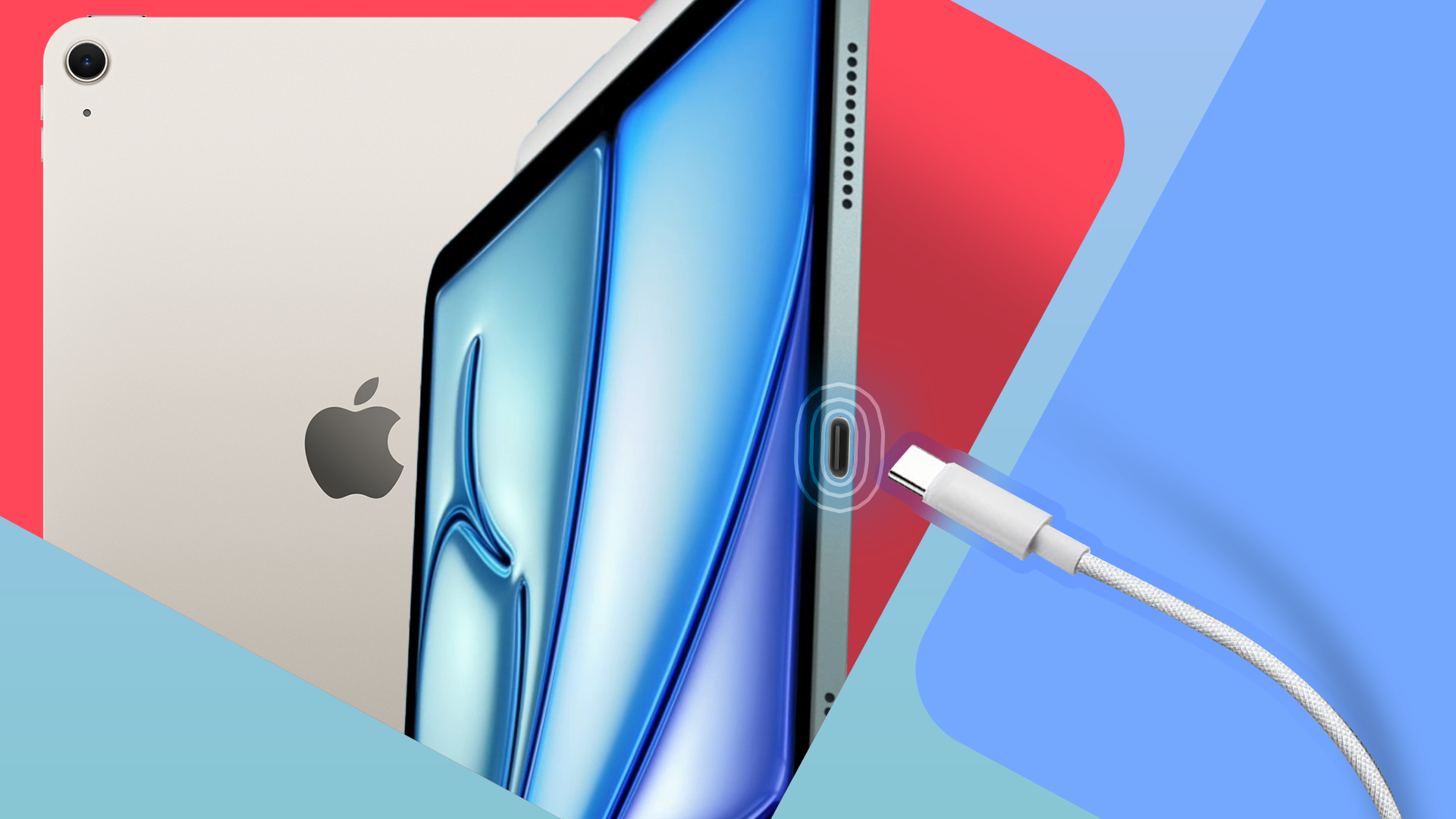 An iPad with a close-up view of its USB-C port, positioned between colorful red and blue backgrounds, with a white USB-C cable approaching the port from the right.