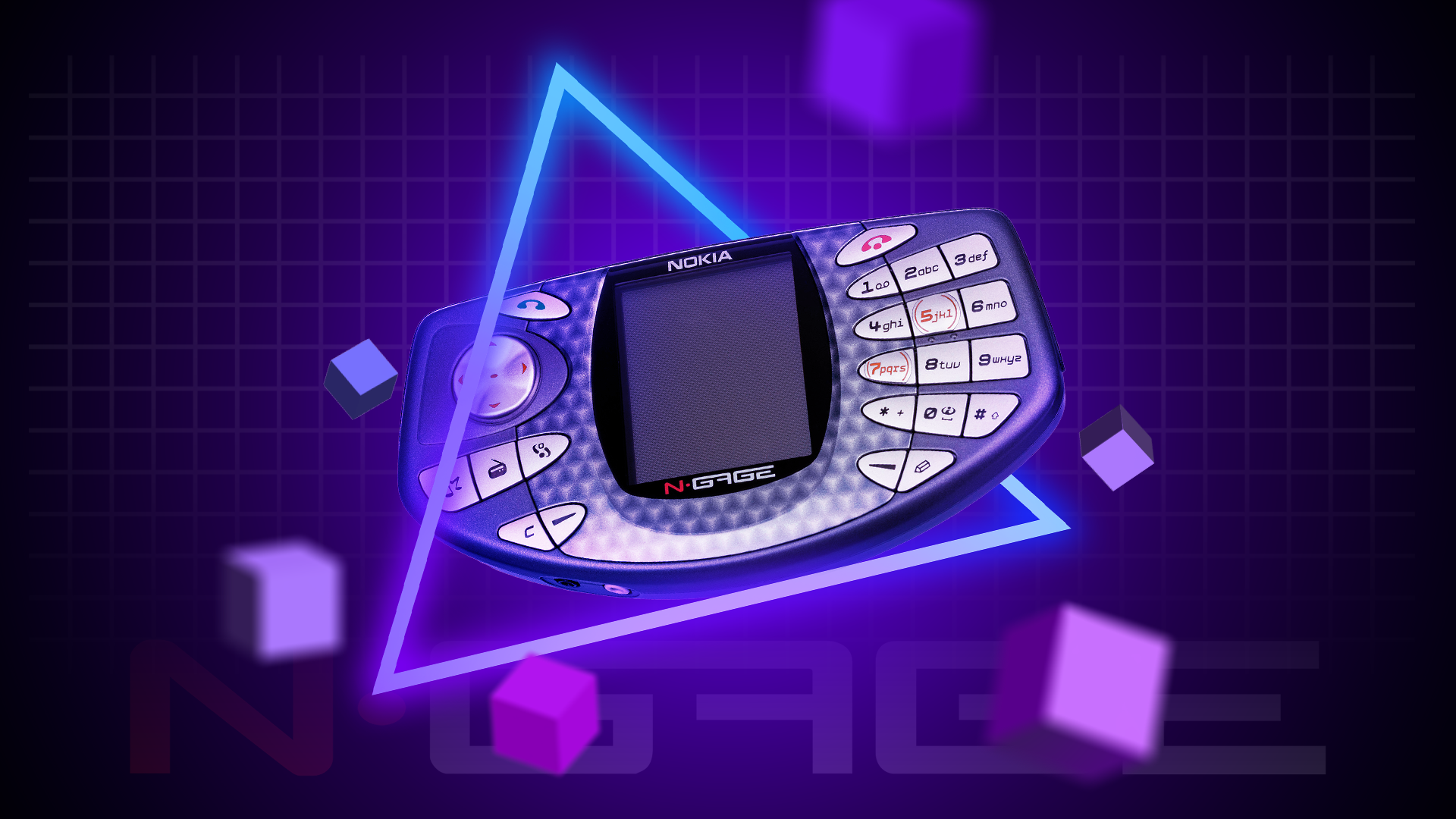 An N-Gage on a purple gradient background with a neon triangle around it and some cubes surrounding it.