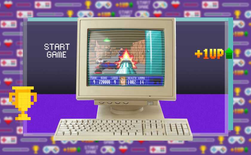 An old computer with a CRT monitor running Wolfenstein 3D.