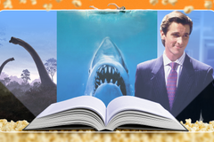 An open book with the covers of Jurassic Park, Jaws, and American Psycho emerging, surrounded by popcorn.