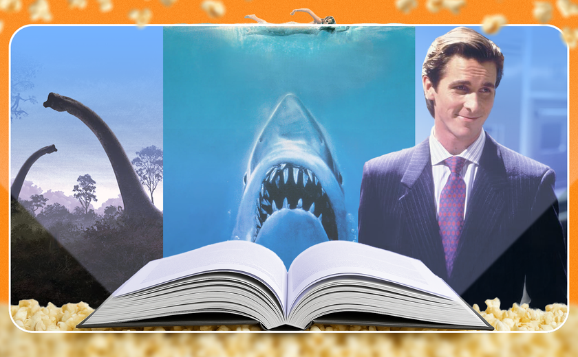 An open book with the covers of Jurassic Park, Jaws, and American Psycho emerging, surrounded by popcorn.
