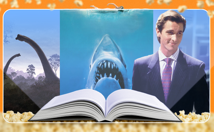 An open book with the covers of Jurassic Park, Jaws, and American Psycho emerging, surrounded by popcorn.