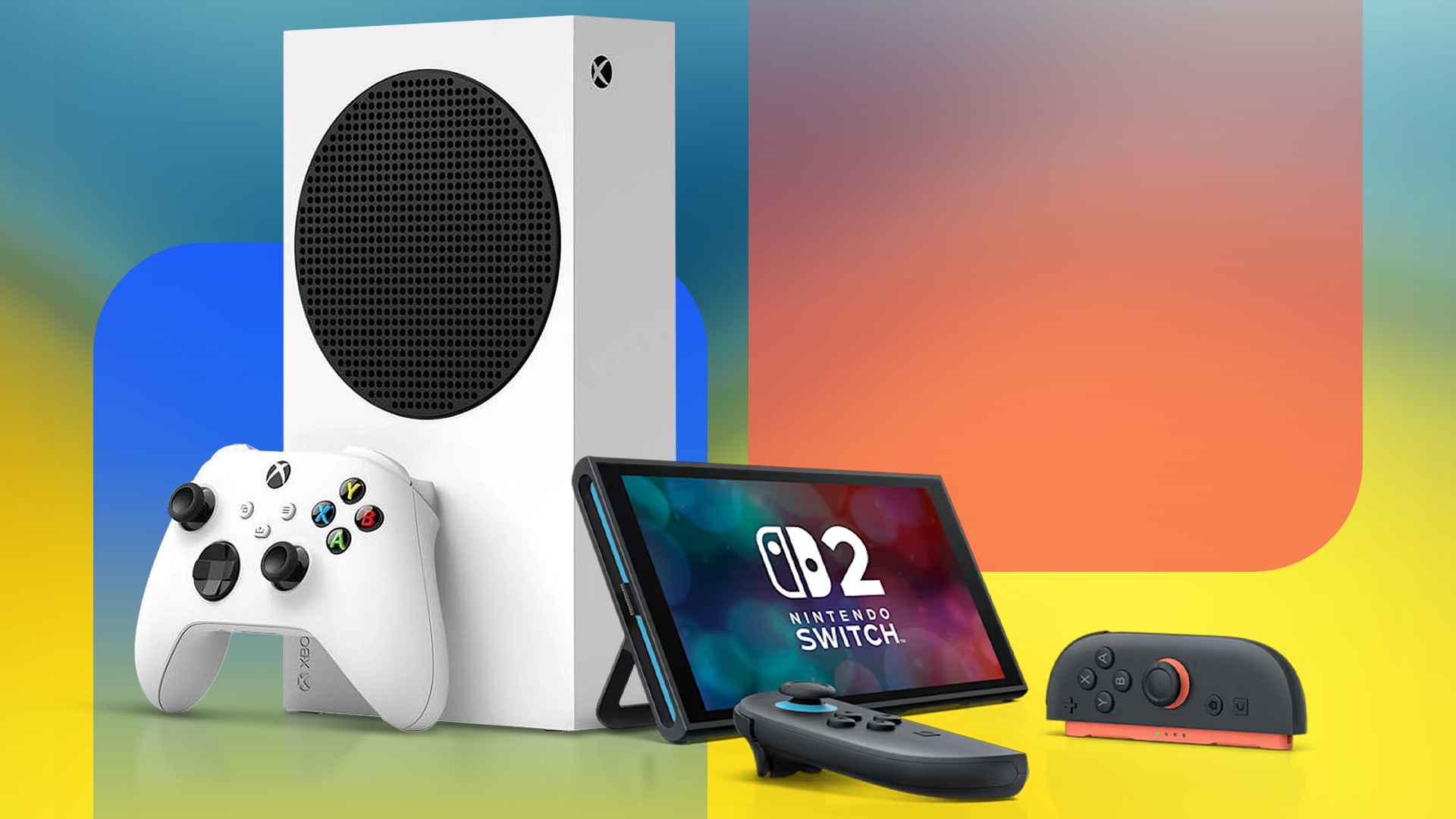 An Xbox Series S next to a Nintendo Switch 2.