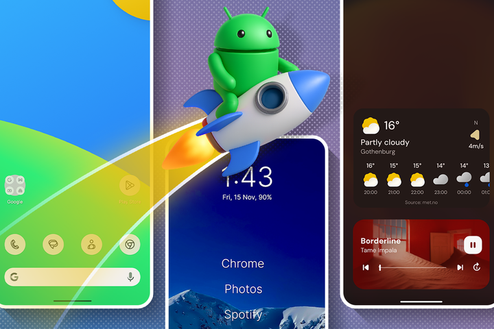 Android mascot riding a rocket, flying across three smartphone screens showing different launchers.