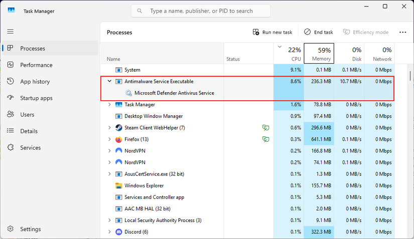 The antimalware scan is taking up about 9% of the CPU and more than 200 megabytes of RAM.