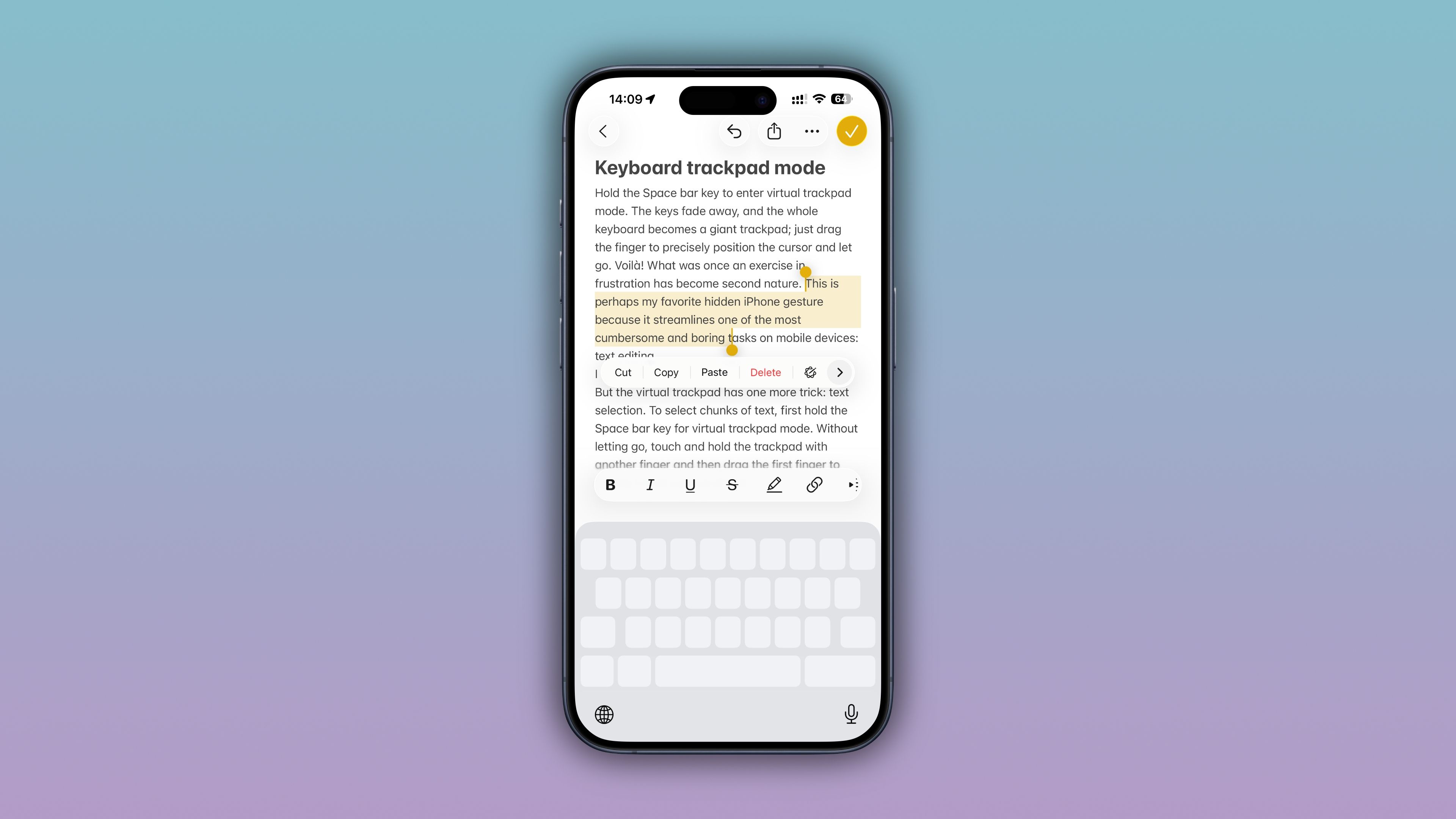 iPhone in keyboard trackpad mode, selecting some text in the Notes app.