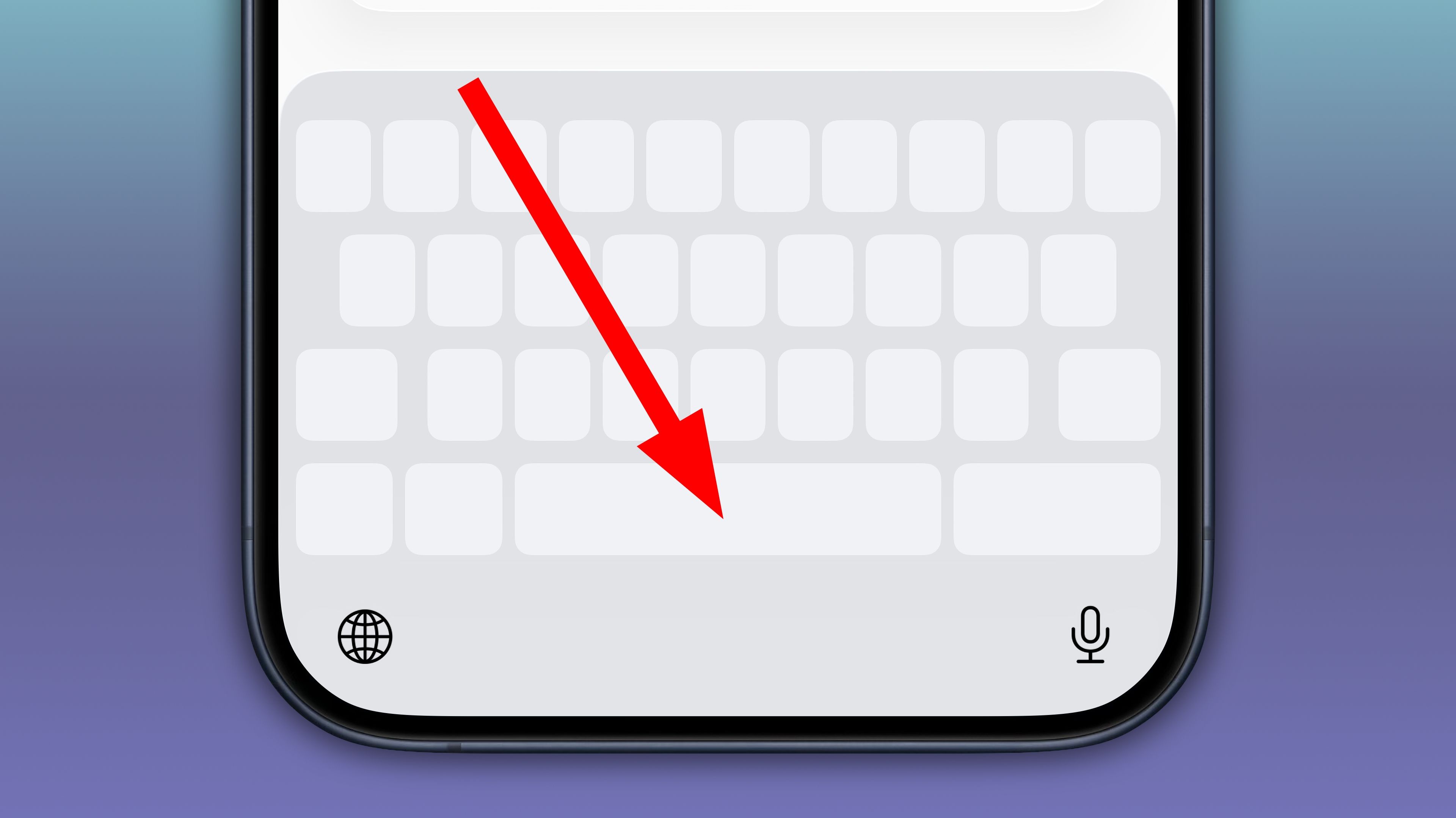 iPhone keyboard in trackpad mode, with a red arrow pointing at the Space bar key.