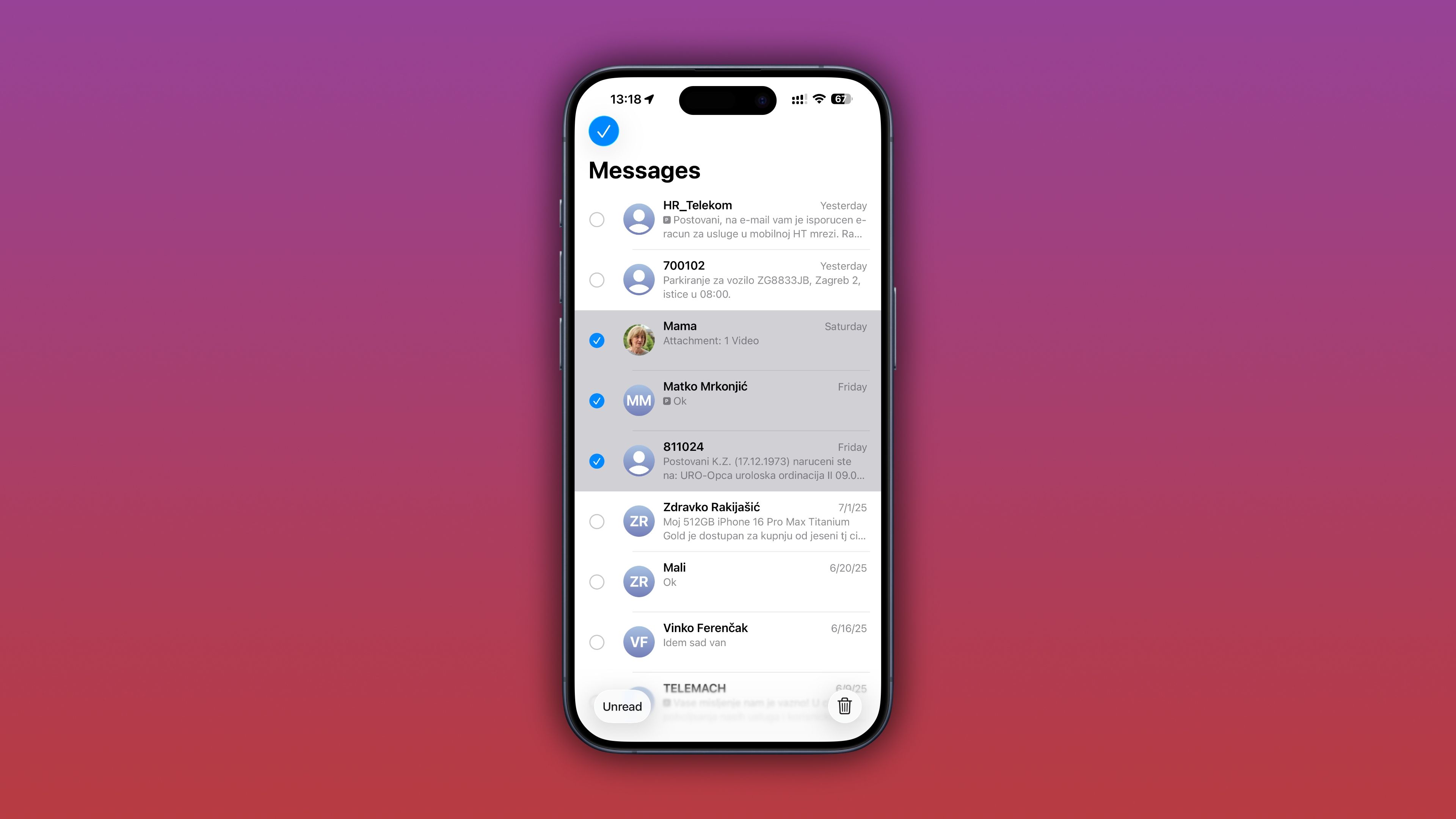 Apple iOS 26 Messages App Conversation List Edit Mode.