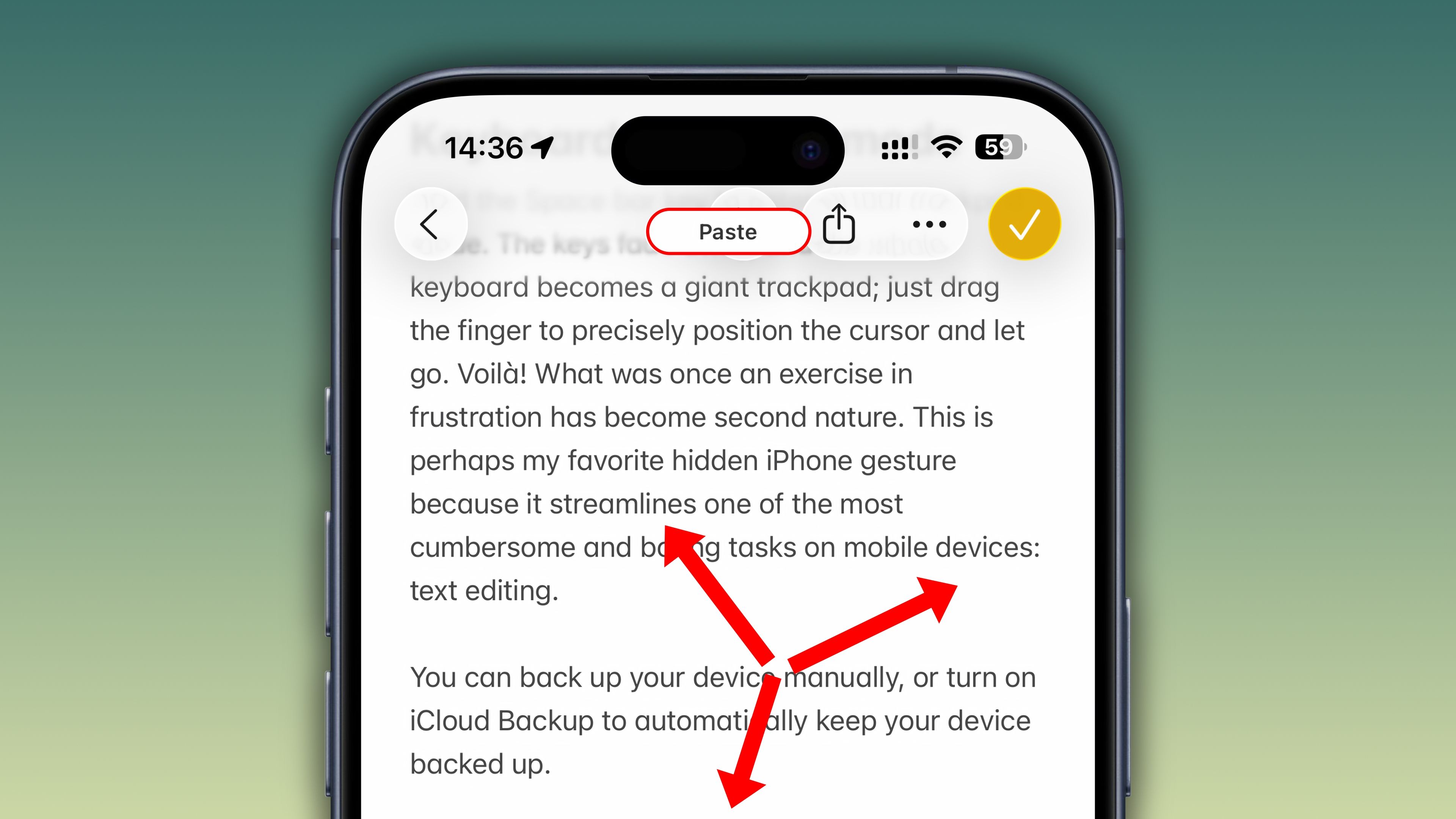 Safari on iPhone with some webpage text selected and a Paste banner displayed at the top, and three red arrow annotations suggesting pinching outward.
