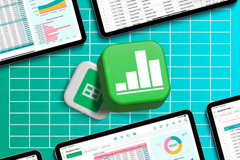 Apple Numbers logo above the Google Sheets logo with some spreadsheets around.