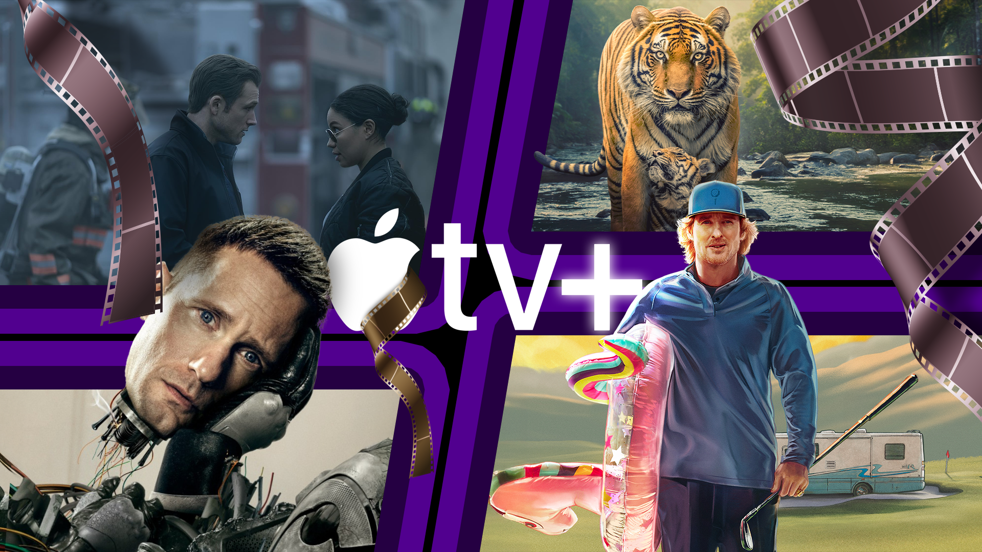 Apple TV+ logo with some of its shows in the background.