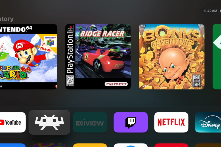Apple TV with RetroArch on the home screen.