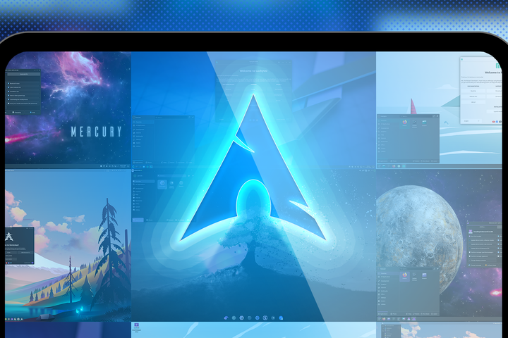 Arch Linux logo with some distros in the background.