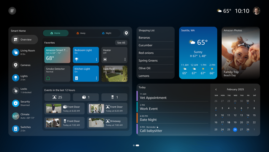 Smart home control dashboard displaying weather, shopping list, calendars, and device status.