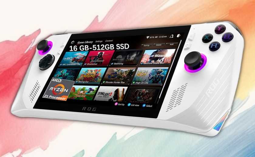ASUS ROG Ally 7 inch showing off its games library on a painted background.