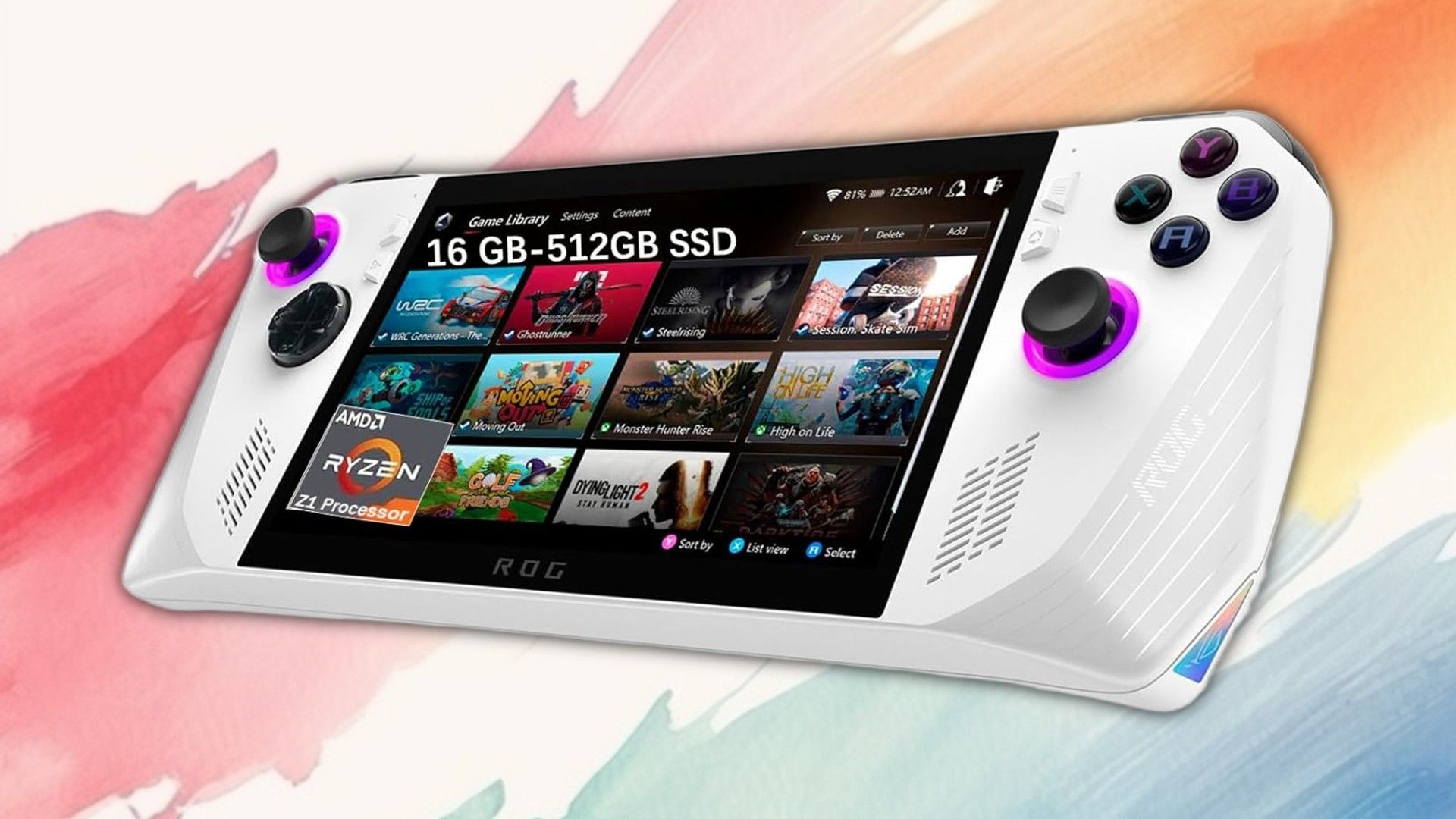 ASUS ROG Ally 7 inch showing off its games library on a painted background.