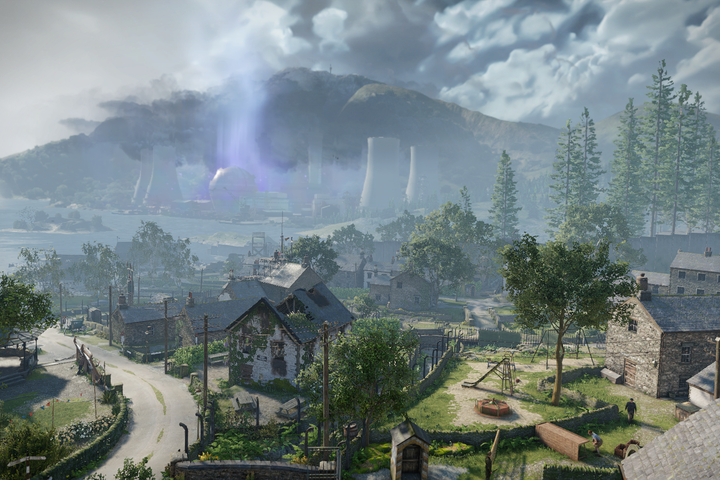 The town of Wyndham with an atomic power plant in the background in Atomfall.