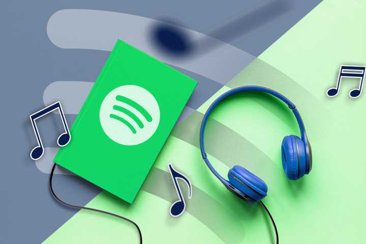  A book with the Spotify logo next to a headphone and some music symbols around it.