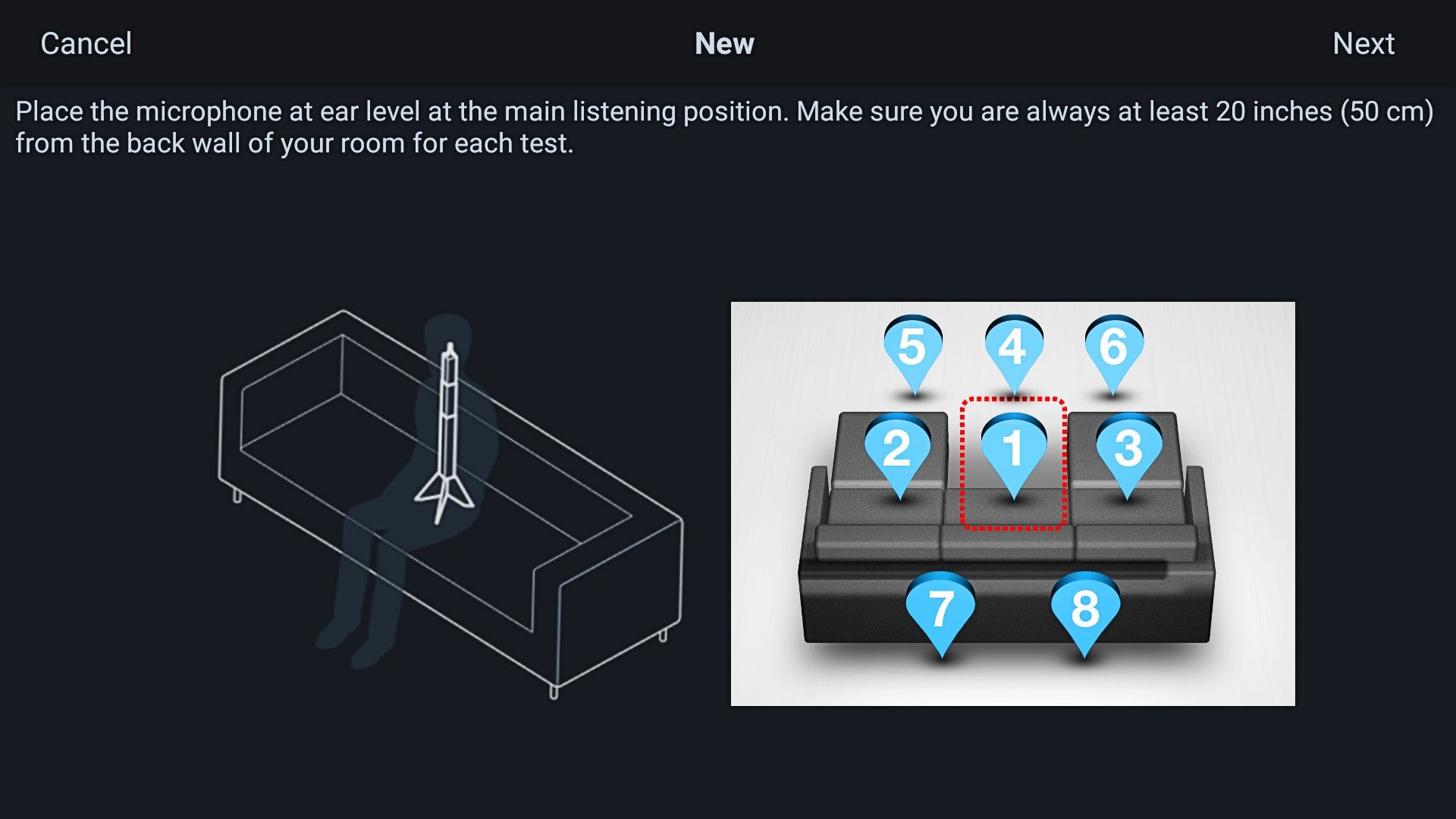 A screen shot from the Audyssey MultEQ Editor app showing where you should be sitting on the couch.
