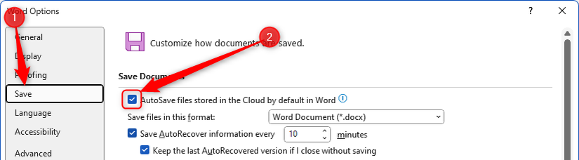 AutoSave Files Stored In The Cloud By Default is checked in the Save menu of the Word Options dialog box.
