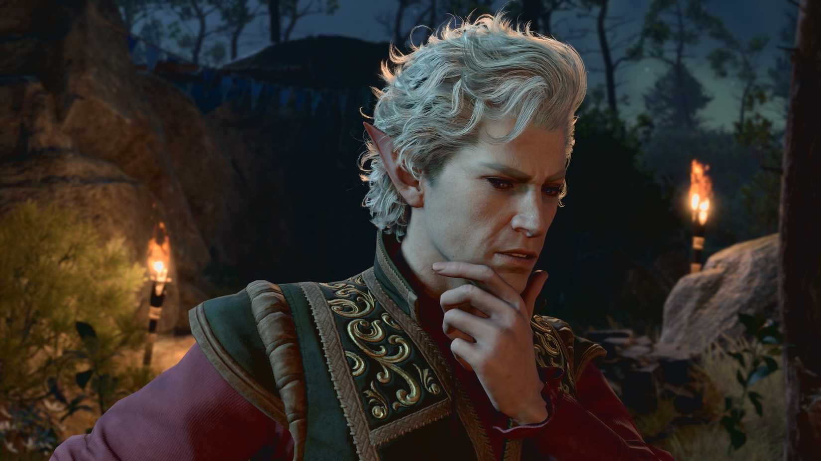 Astarion in Baldur's Gate 3 thinking at night.