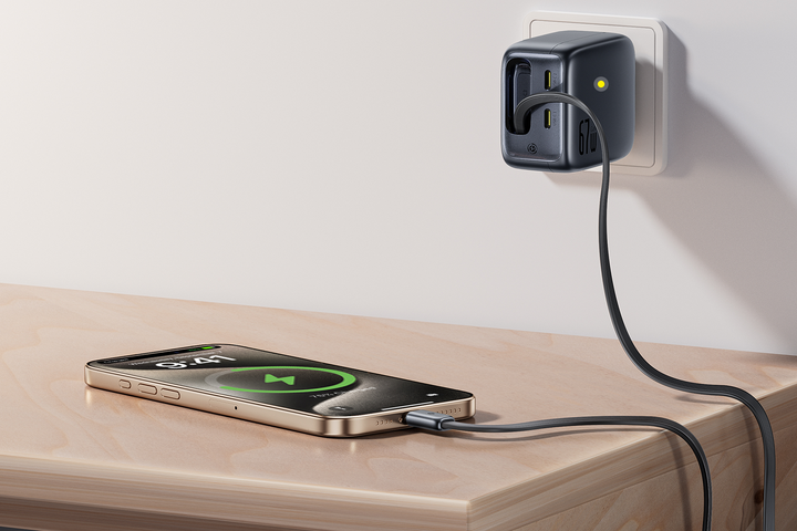 Baseus EnerCore CJ11 Fast Charger with Retractable USB-C Cable 67W  at home charging a phone.