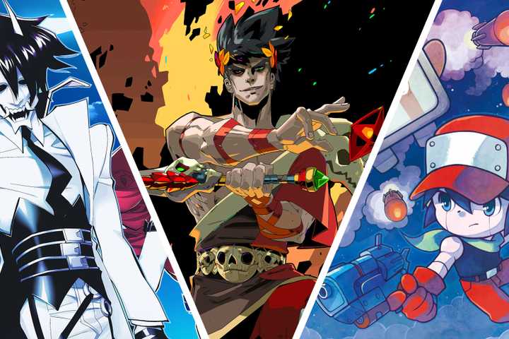 A collage featuring characters from Neon White, Hades, and Cave Story+.