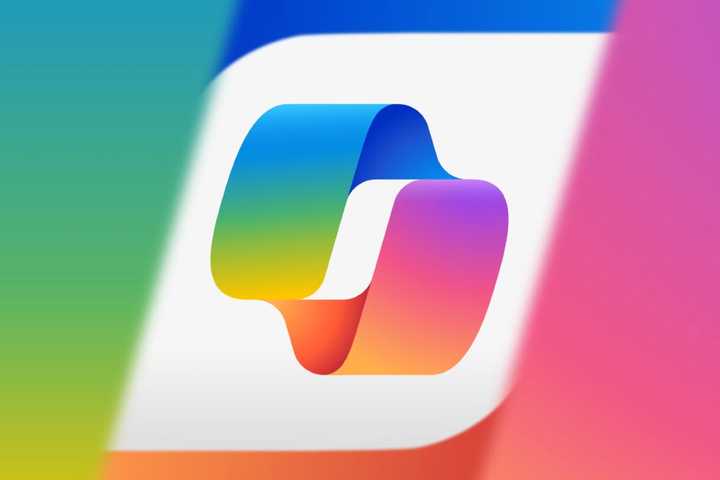 The Microsoft Copilot Logo on a white square in between a colorful background.