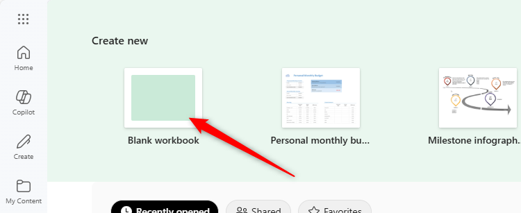 Blank Workbook is selected in Excel for the Web.