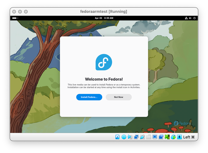 Booting the Fedora installation media in VirtualBox on Apple Silicon.