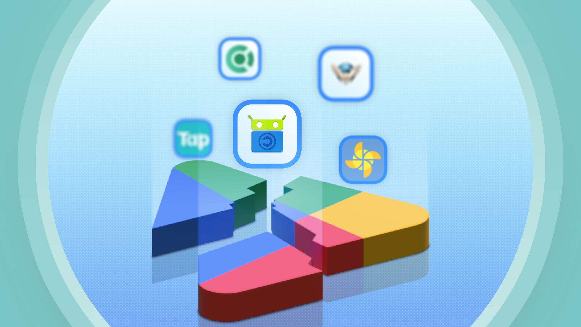 Broken Play Store logo with some app logos above it.
