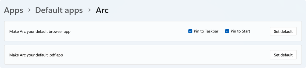 Browser default settings page showing new set default button for PDF files and pinning to Start and Taskbar.