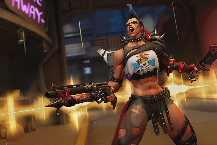 Overwatch character with a gun and a knife standing in a city street