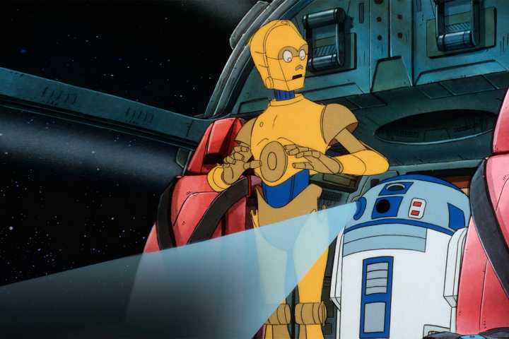 C3PO and R2D2 staring at each other in the cartoon Star Wars Droids