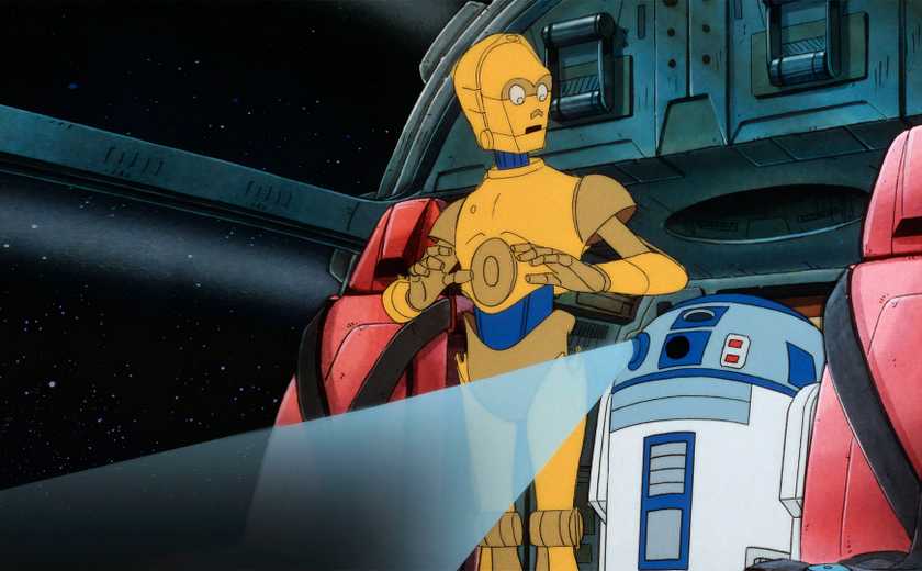 C3PO and R2D2 staring at each other in the cartoon Star Wars Droids