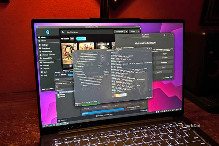 CachyOS running Steam, Heroic Games Launcher, and the CachyOS Hello app.