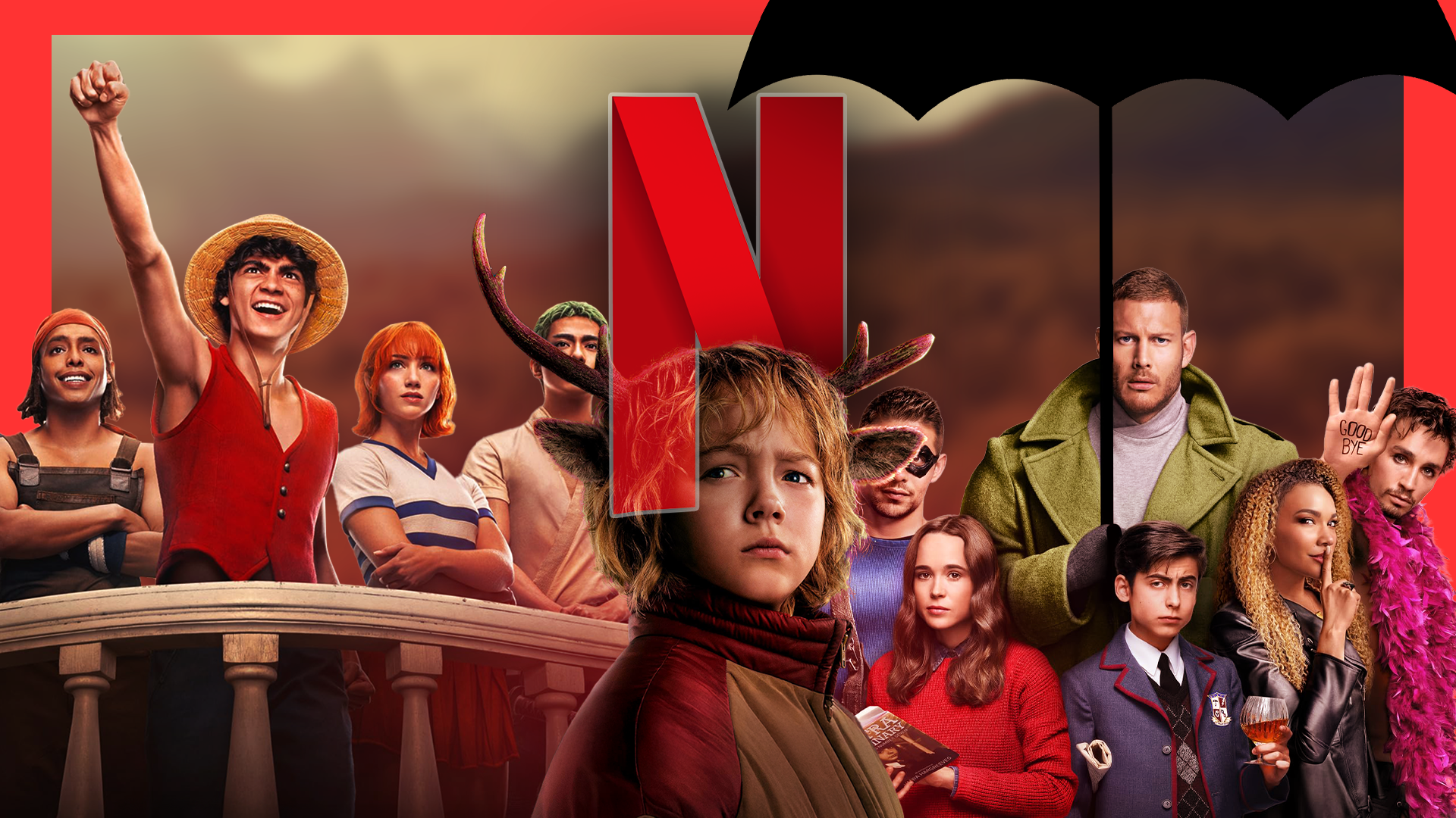 Characters from One Piece, Umbrella Academy, and Sweet Tooth, with the Netflix logo in the center.