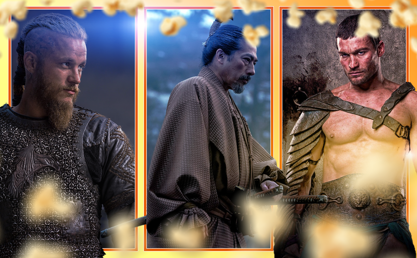 Characters from Vikings, Shōgun, and Spartacus featured side by side, surrounded by floating popcorn.